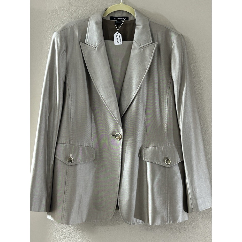 Ellen Tracy 2-Piece Pantsuit Set Silver Grey Metallic Satin Blazer Trousers 18